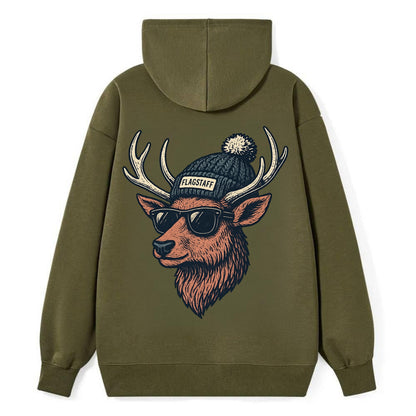Flagstaff Elk wearing Flagstaff beanie with pom pom and wayfarer - Classic Pullover Hoodie - ArmyGreen