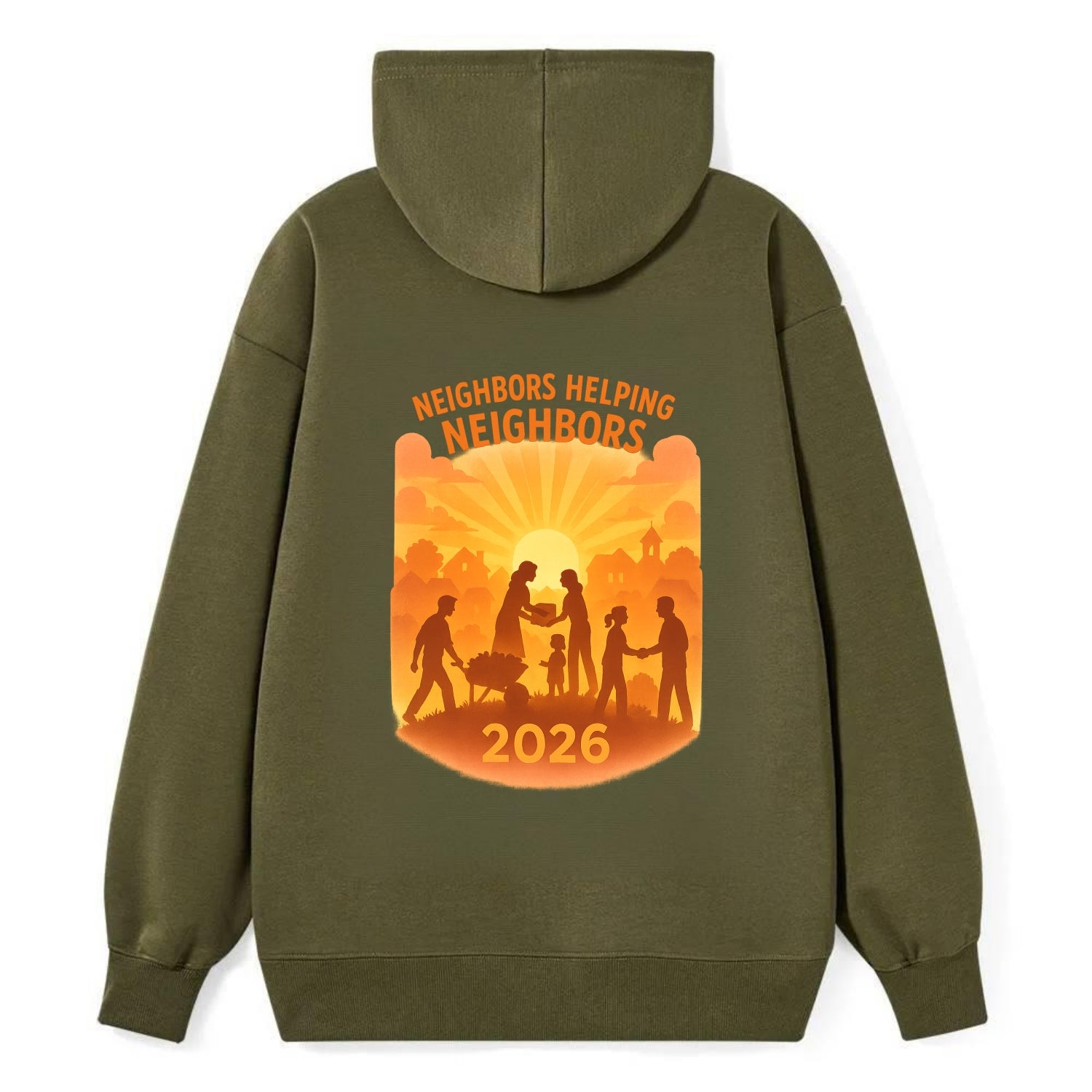 Local communities thriving with shared resources - "Neighbors Helping - Classic Pullover Hoodie - ArmyGreen