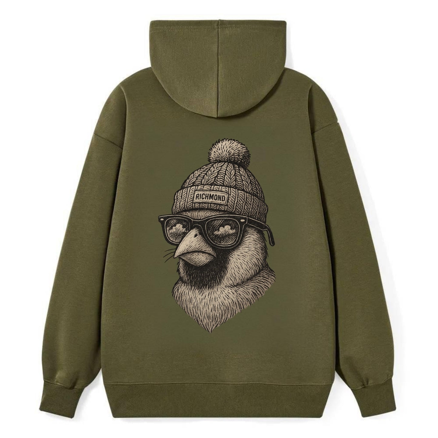 Virginia Cardinal wearing Richmond beanie with pom pom and wayfarer - Classic Pullover Hoodie - ArmyGreen