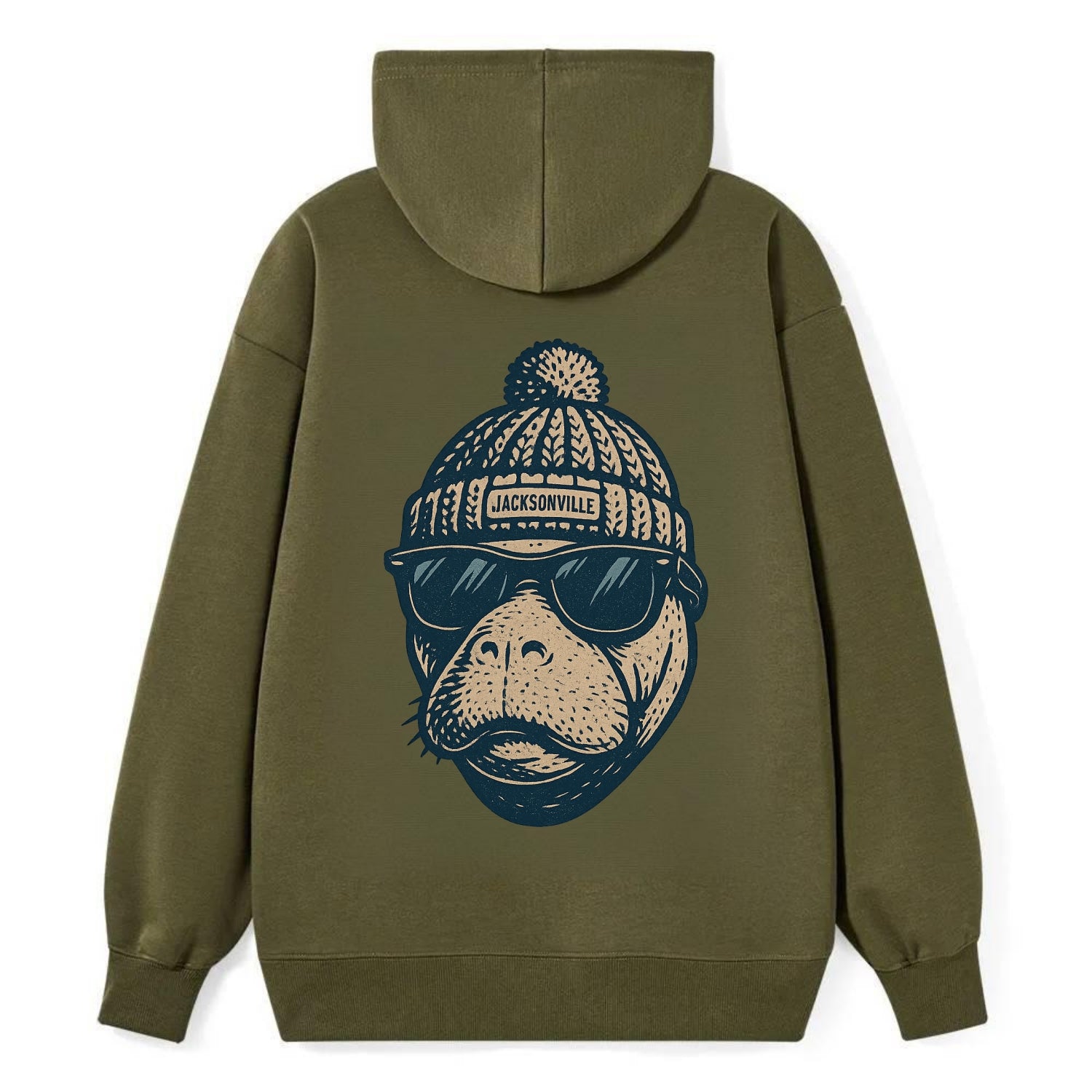 Jacksonville Manatee wearing Jacksonville beanie with pom pom and - Classic Pullover Hoodie - ArmyGreen