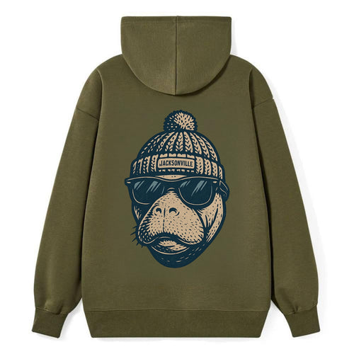Jacksonville Manatee wearing Jacksonville beanie with pom pom and - Classic Pullover Hoodie