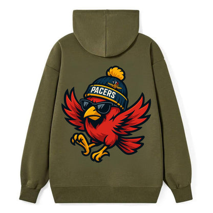 Indiana Cardinal wearing Pacers beanie with speedway patch and wayfarer - Classic Pullover Hoodie - ArmyGreen
