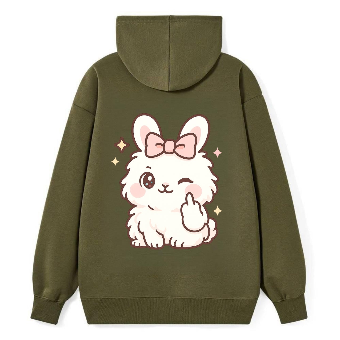 fluffy white angora rabbit with pink bow, one paw delicately flipping off - Classic Pullover Hoodie - ArmyGreen