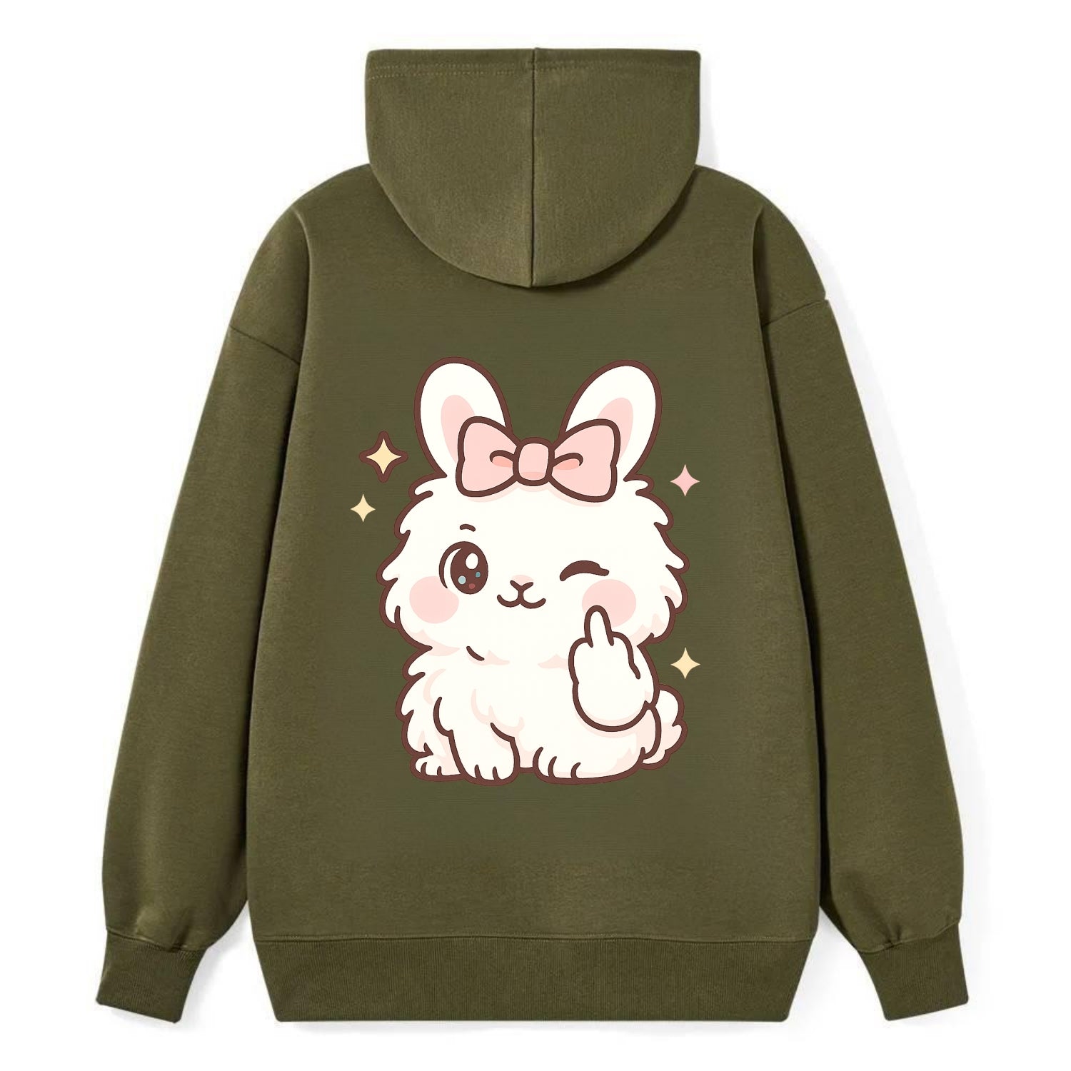 fluffy white angora rabbit with pink bow, one paw delicately flipping off - Classic Pullover Hoodie - ArmyGreen