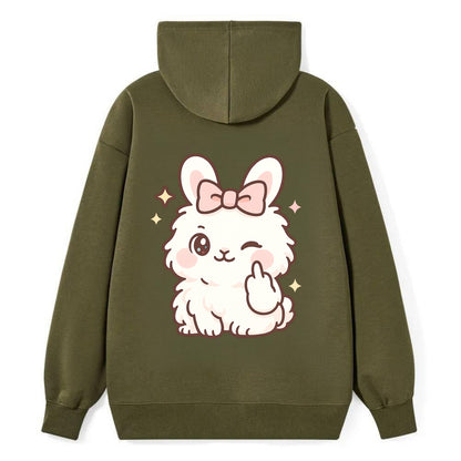 fluffy white angora rabbit with pink bow, one paw delicately flipping off - Classic Pullover Hoodie - ArmyGreen