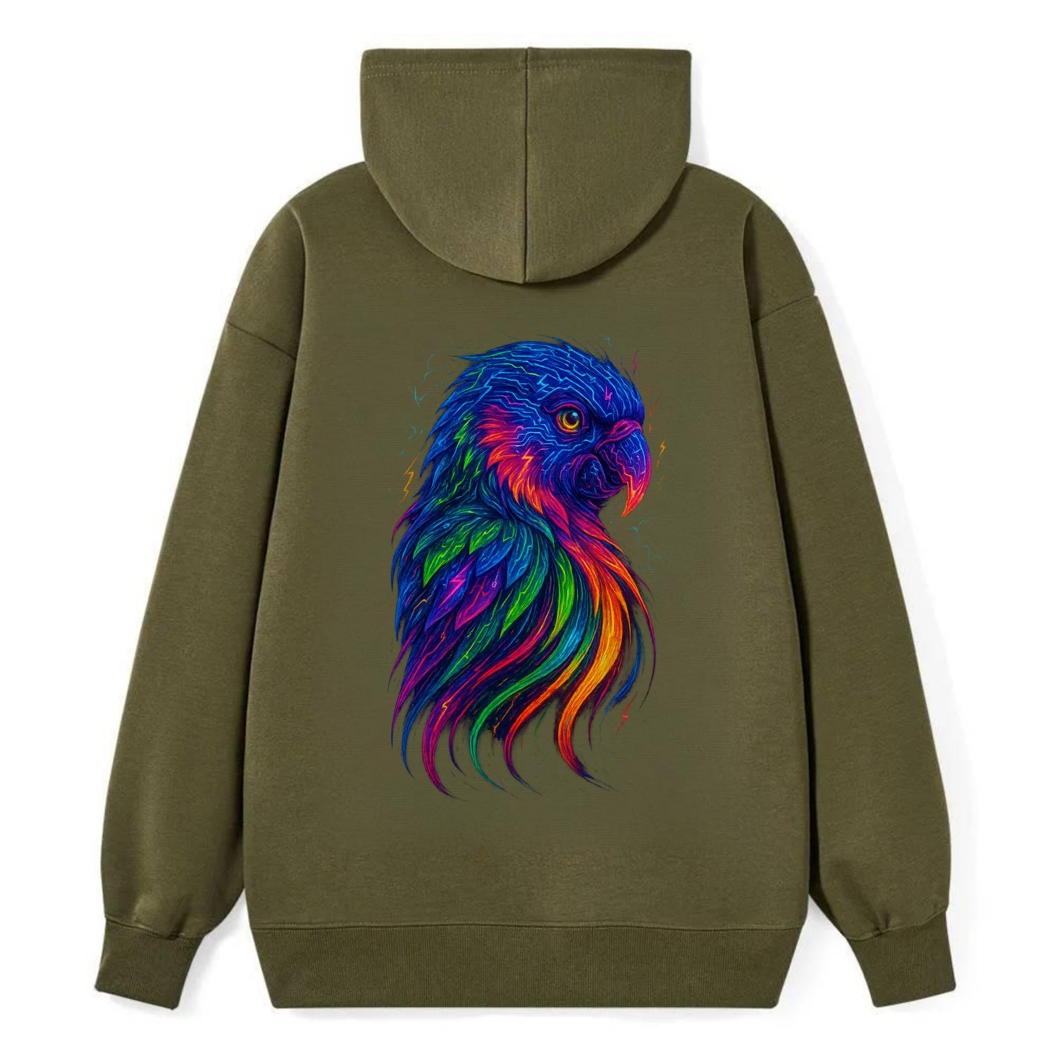 Vibrant parrot with feathers flowing into tropical rainbow streams, every - Classic Pullover Hoodie - ArmyGreen