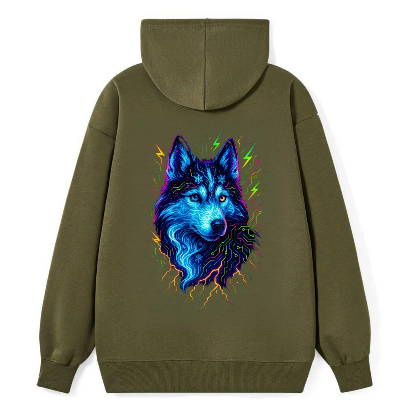 Siberian husky with ice-crystal flowing patterns, electric blue and white - Classic Pullover Hoodie - ArmyGreen
