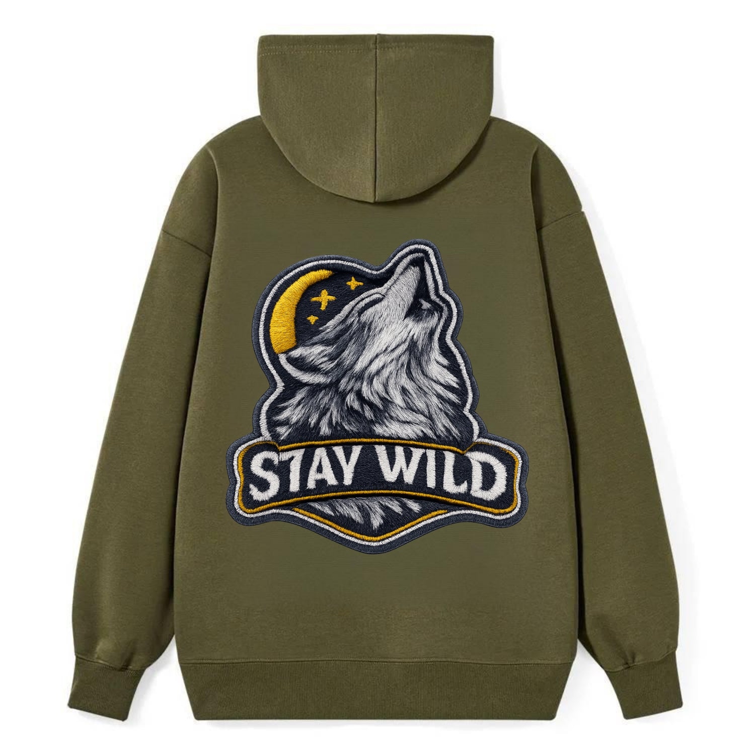 STAY WILD - wolf with text in gray , free spirit - Classic Pullover Hoodie - ArmyGreen