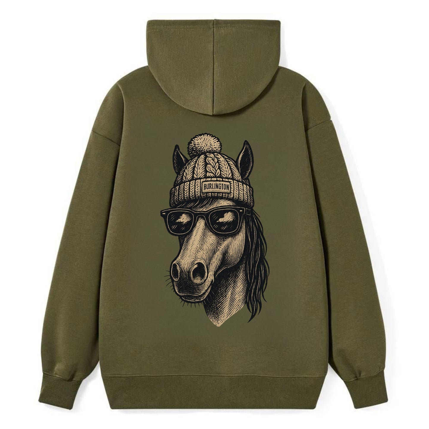 Vermont Morgan Horse wearing Burlington beanie with pom pom and wayfarer - Classic Pullover Hoodie - ArmyGreen