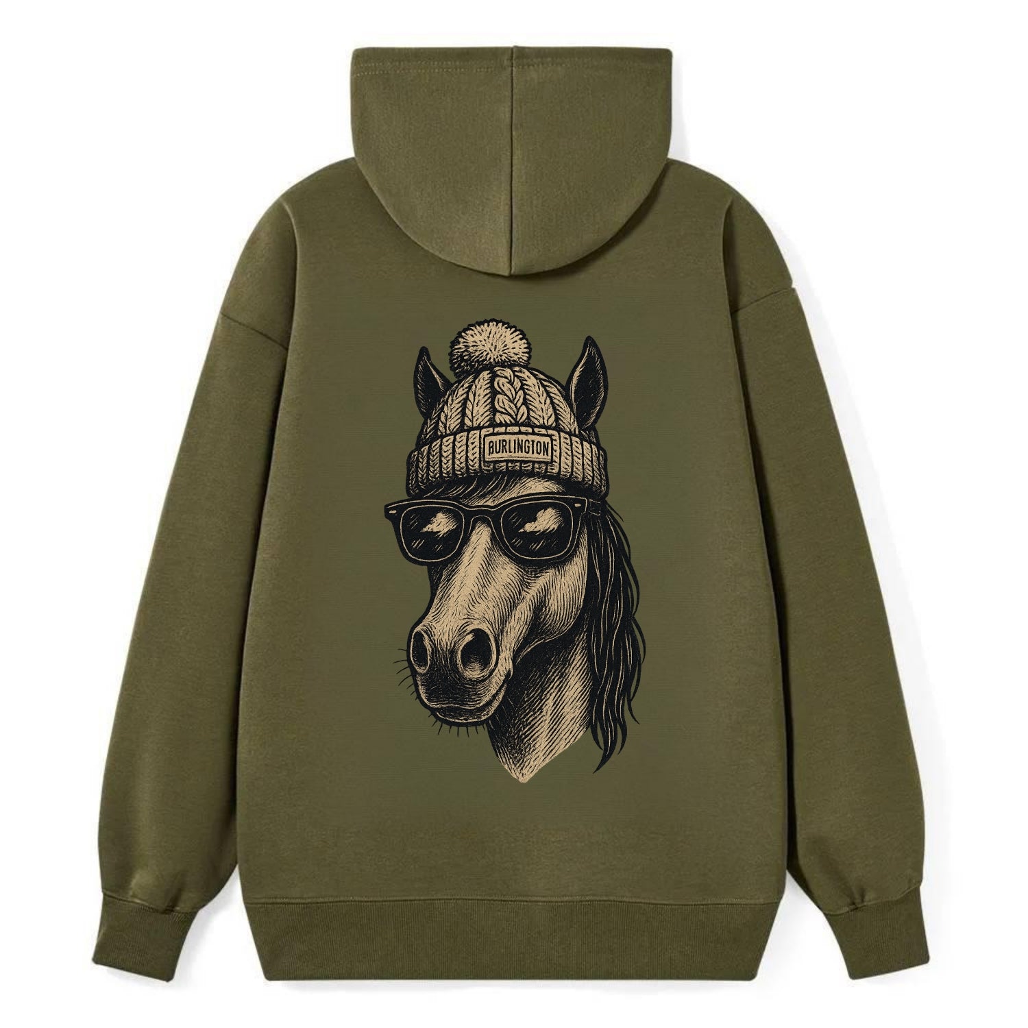 Vermont Morgan Horse wearing Burlington beanie with pom pom and wayfarer - Classic Pullover Hoodie - ArmyGreen