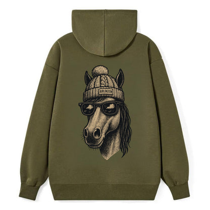 Vermont Morgan Horse wearing Burlington beanie with pom pom and wayfarer - Classic Pullover Hoodie - ArmyGreen