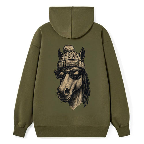 Vermont Morgan Horse wearing Burlington beanie with pom pom and wayfarer - Classic Pullover Hoodie