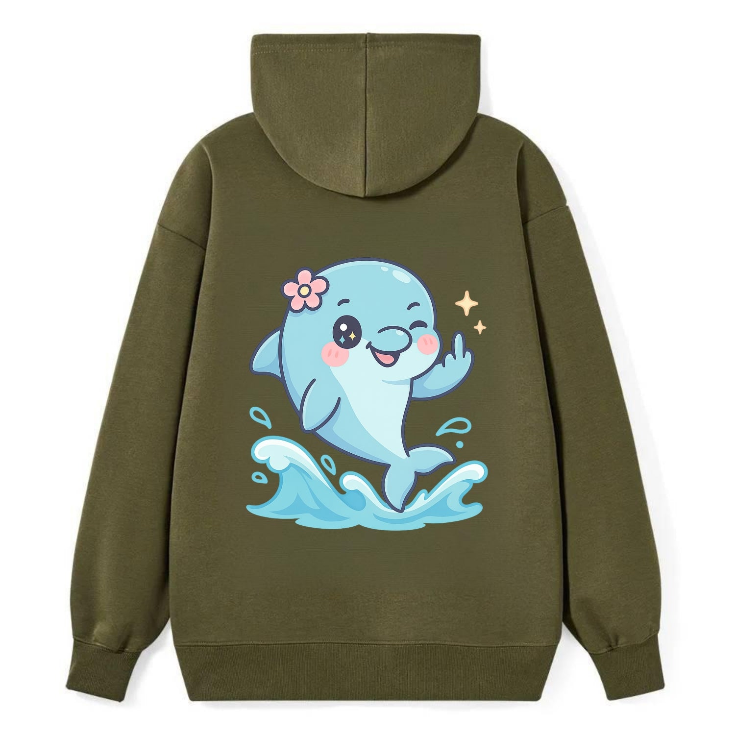 smiling dolphin jumping through ocean waves, one fin up with attitude - Classic Pullover Hoodie - ArmyGreen