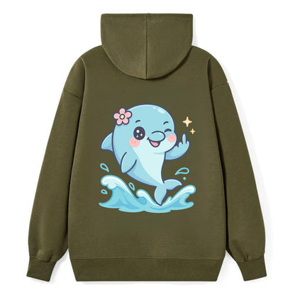 smiling dolphin jumping through ocean waves, one fin up with attitude - Classic Pullover Hoodie - ArmyGreen