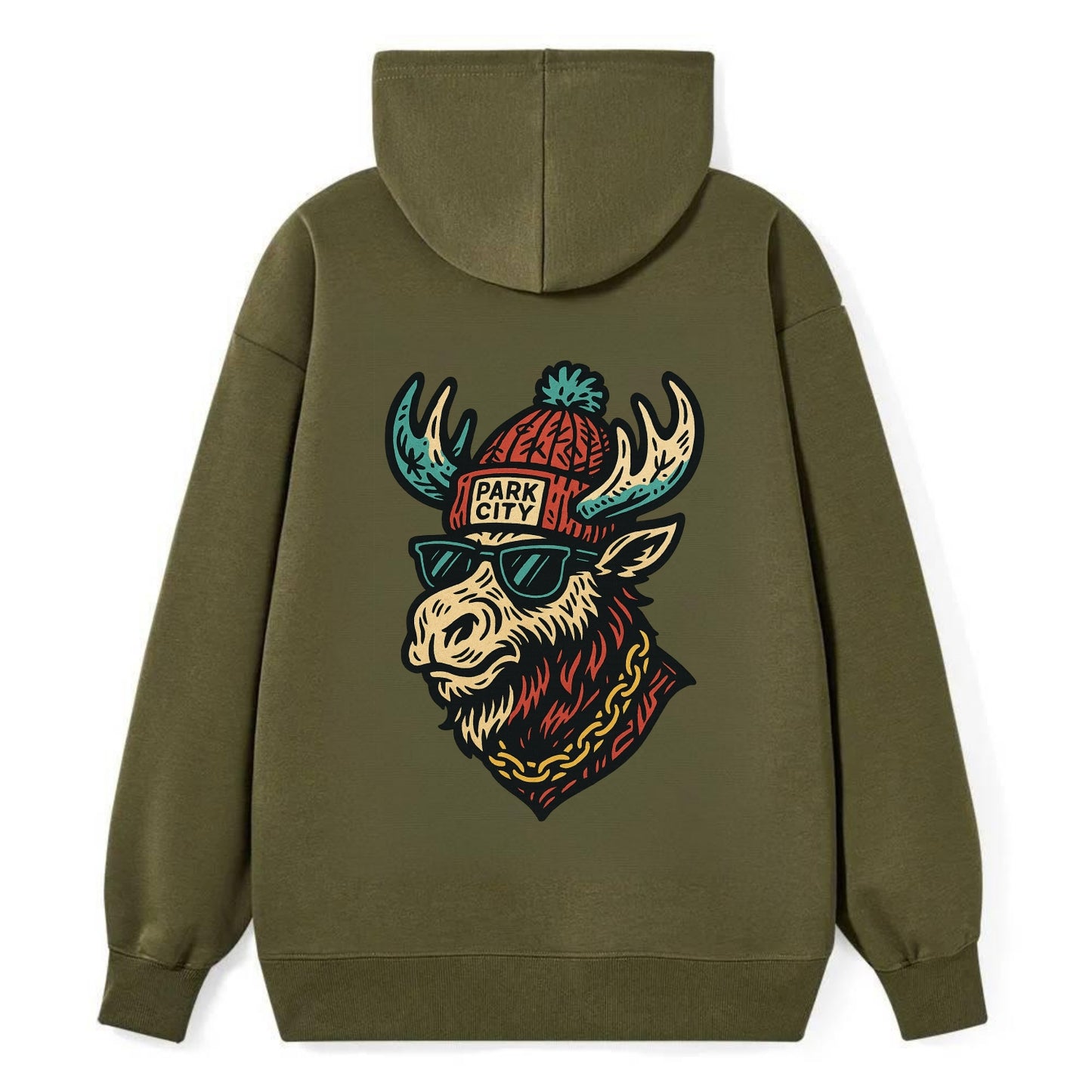 Park City Moose wearing Park City beanie with pom pom and wayfarer - Classic Pullover Hoodie - ArmyGreen