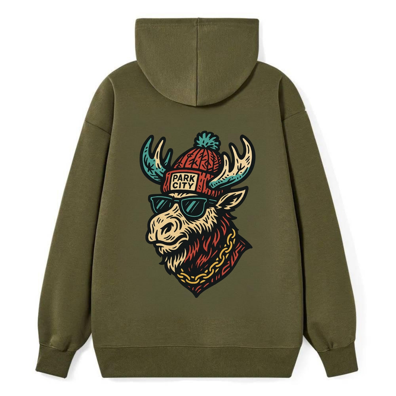 Park City Moose wearing Park City beanie with pom pom and wayfarer - Classic Pullover Hoodie - ArmyGreen