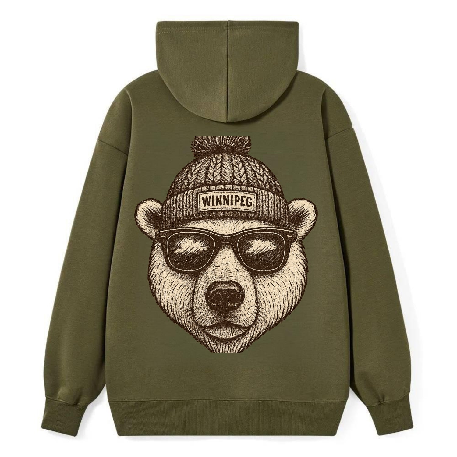 Winnipeg Polar Bear wearing Winnipeg beanie with pom pom and wayfarer - Classic Pullover Hoodie - ArmyGreen