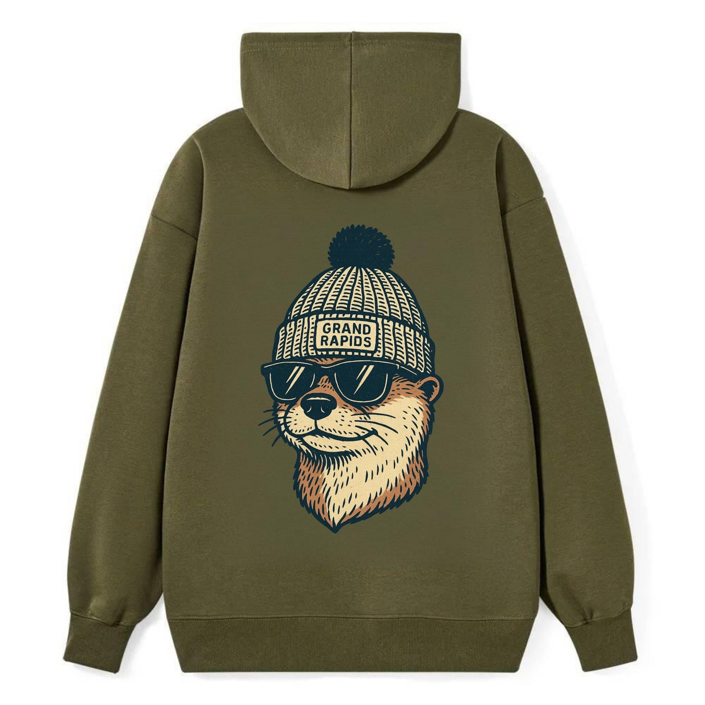 Grand Rapids River Otter wearing Grand Rapids beanie with pom pom and - Classic Pullover Hoodie - ArmyGreen
