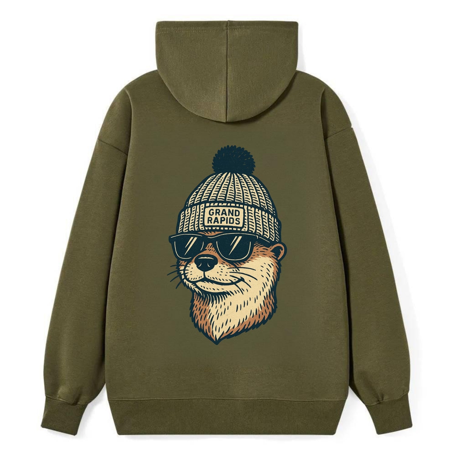 Grand Rapids River Otter wearing Grand Rapids beanie with pom pom and - Classic Pullover Hoodie - ArmyGreen