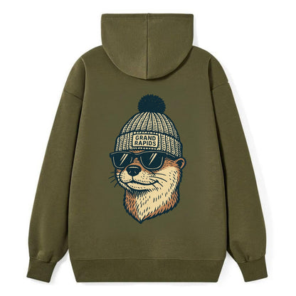 Grand Rapids River Otter wearing Grand Rapids beanie with pom pom and - Classic Pullover Hoodie - ArmyGreen