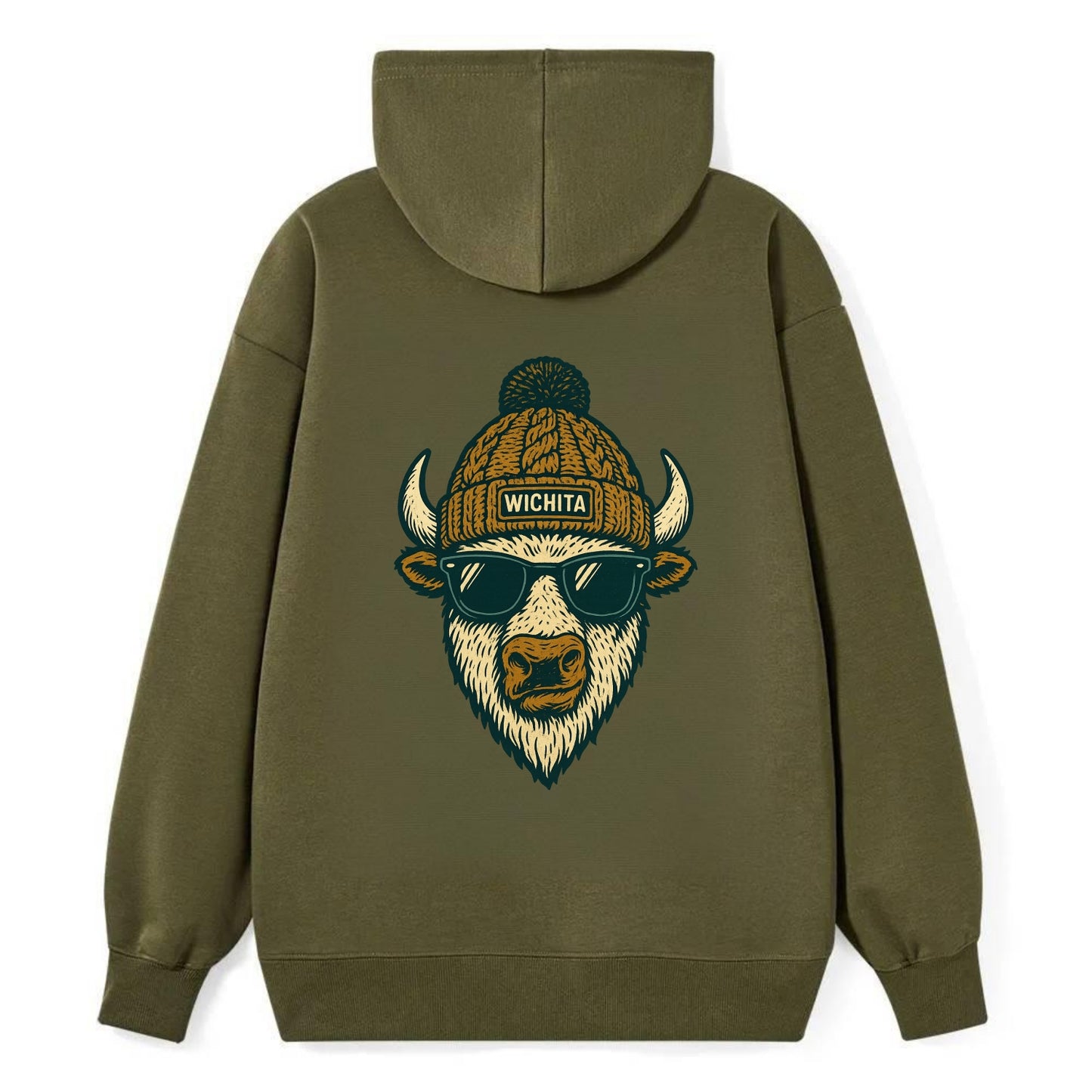 Kansas American Bison wearing Wichita beanie with pom pom and wayfarer - Classic Pullover Hoodie - ArmyGreen