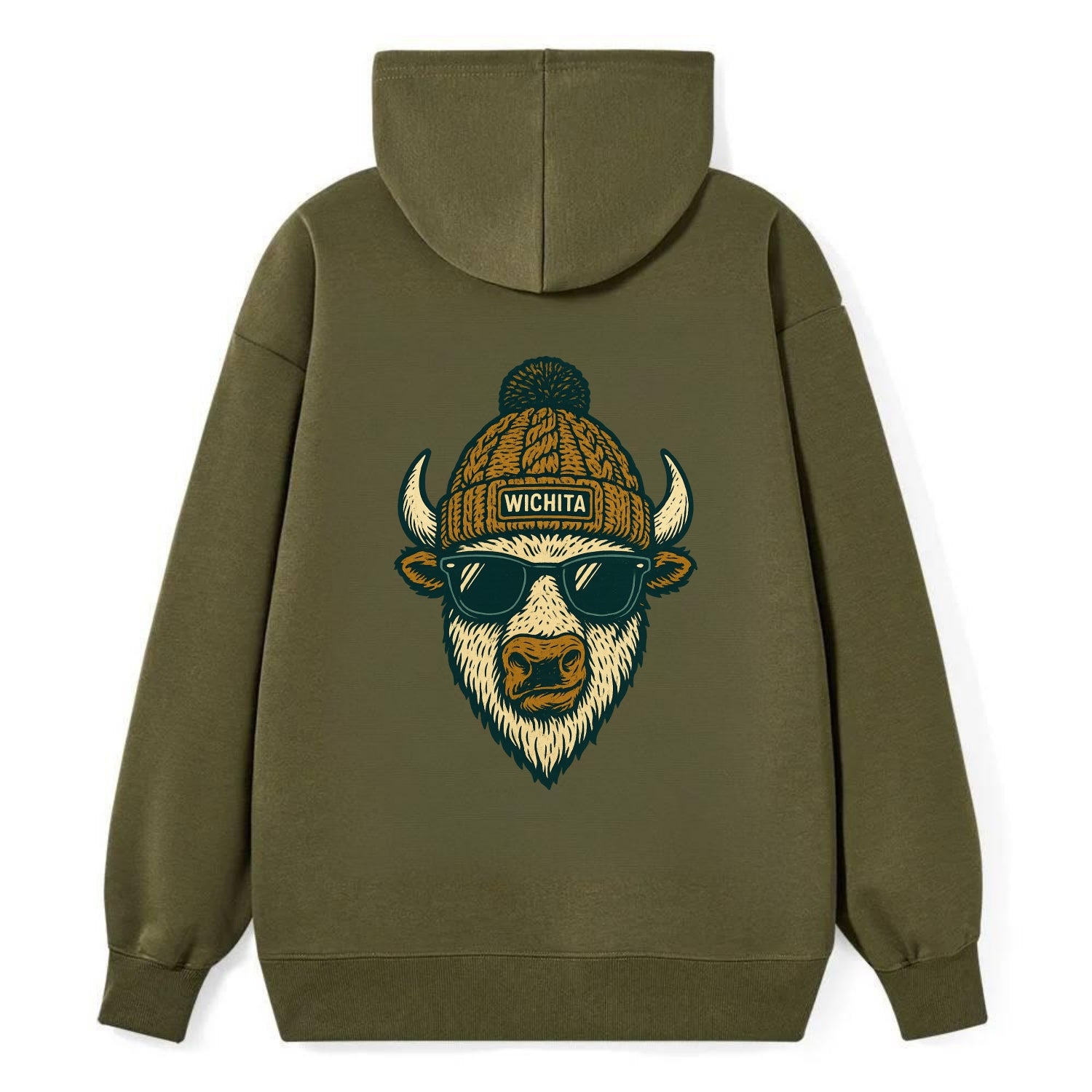 Kansas American Bison wearing Wichita beanie with pom pom and wayfarer - Classic Pullover Hoodie - ArmyGreen