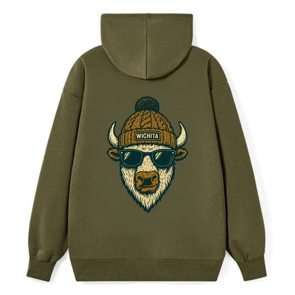 Kansas American Bison wearing Wichita beanie with pom pom and wayfarer - Classic Pullover Hoodie - ArmyGreen