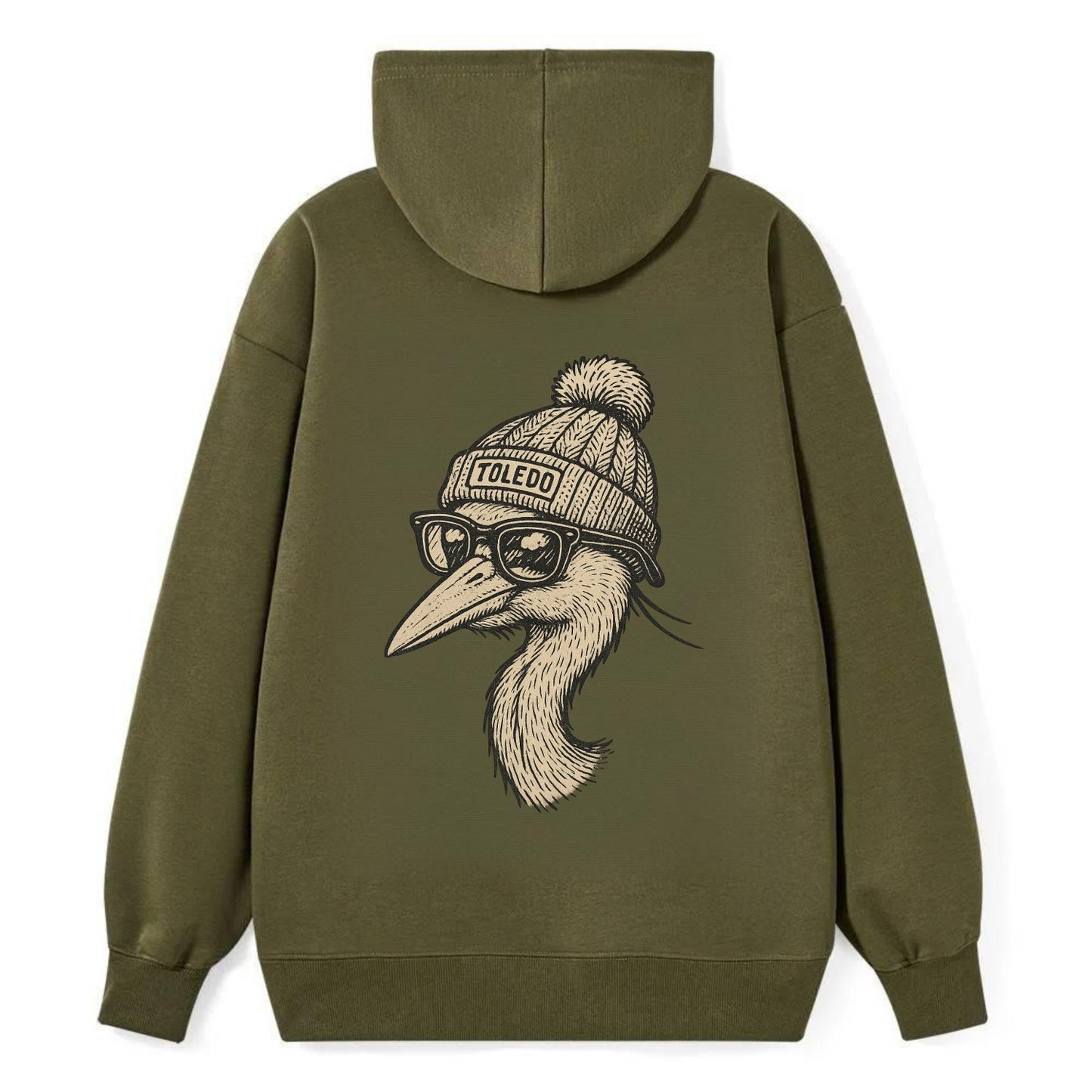 Toledo Great Blue Heron wearing Toledo beanie with pom pom and wayfarer - Classic Pullover Hoodie - ArmyGreen
