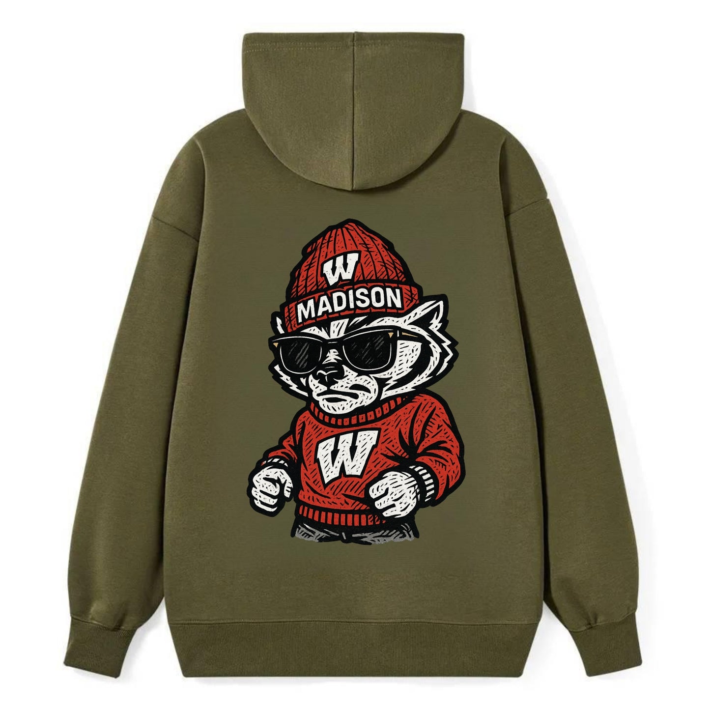 Madison Badger wearing Wisconsin beanie with motion W patch - Classic Pullover Hoodie - ArmyGreen