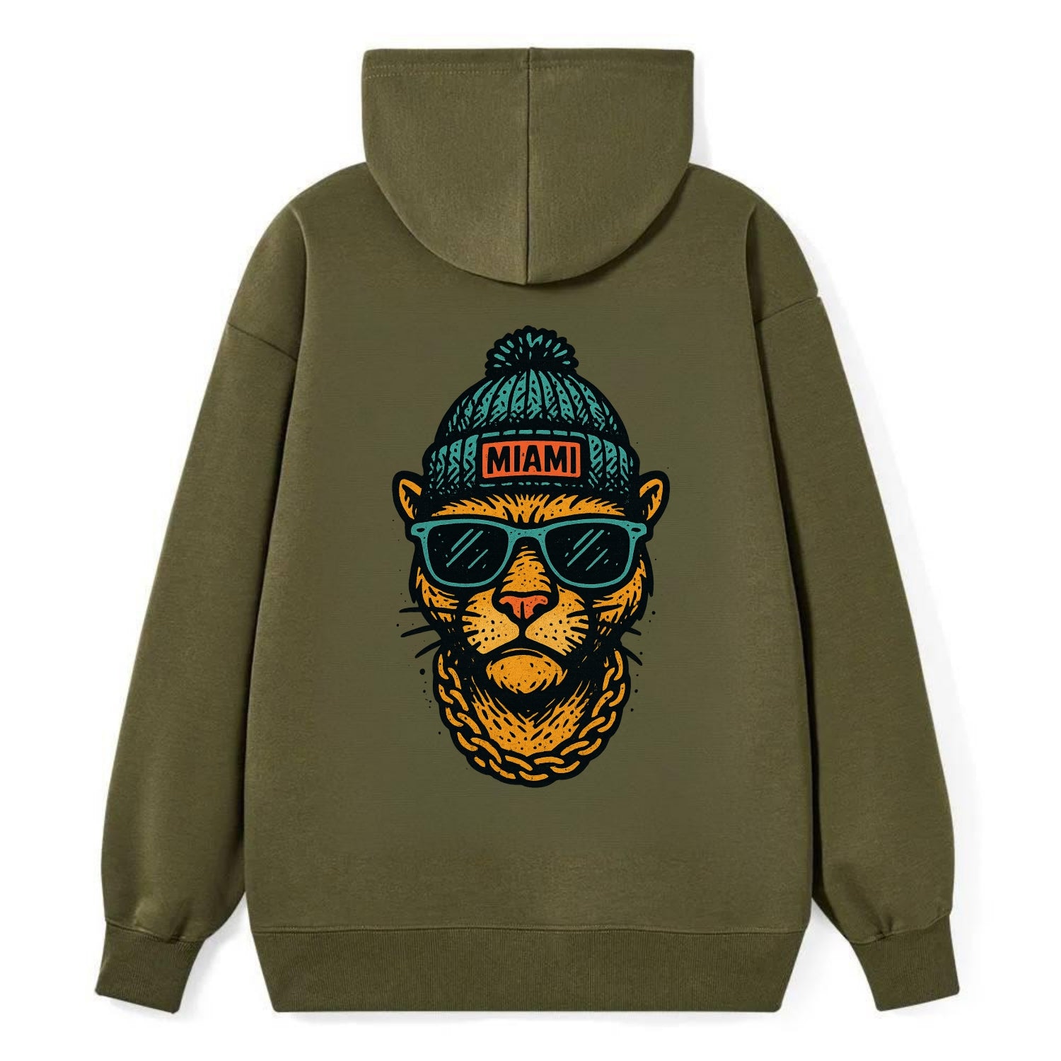 Florida Panther wearing Miami beanie with pom pom and wayfarer sunglasses - Classic Pullover Hoodie - ArmyGreen