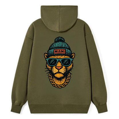 Florida Panther wearing Miami beanie with pom pom and wayfarer sunglasses - Classic Pullover Hoodie - ArmyGreen