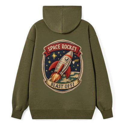 RETRO ROCKET - 1950s space rocket in silver and red , atomic age - Classic Pullover Hoodie - ArmyGreen