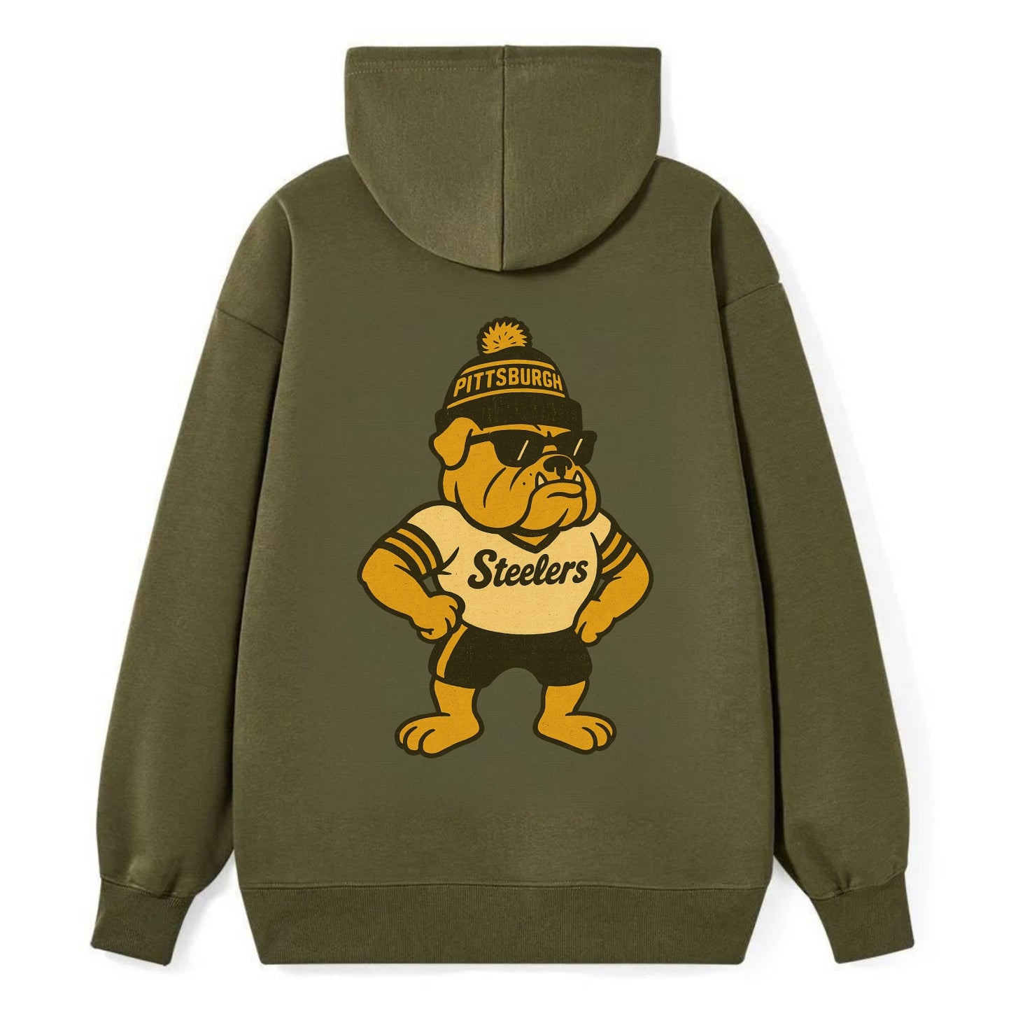 Pittsburgh Bulldog wearing Steelers black and gold beanie with pom pom - Classic Pullover Hoodie - ArmyGreen