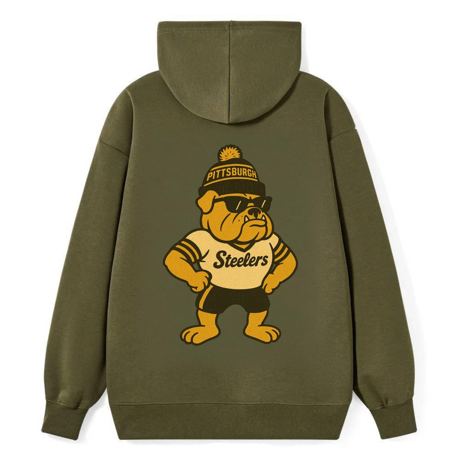 Pittsburgh Bulldog wearing Steelers black and gold beanie with pom pom - Classic Pullover Hoodie - ArmyGreen