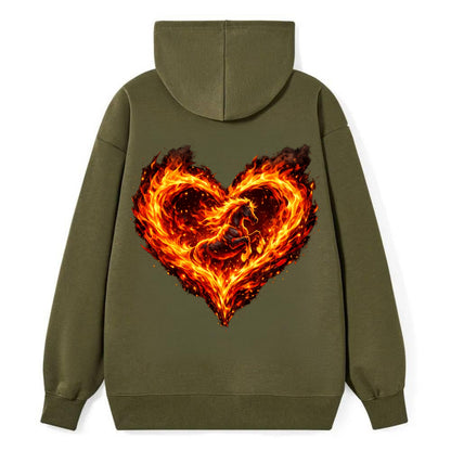 HEART OF FIRE | Flaming heart with horse silhouette inside | Passion - Classic Pullover Hoodie - ArmyGreen