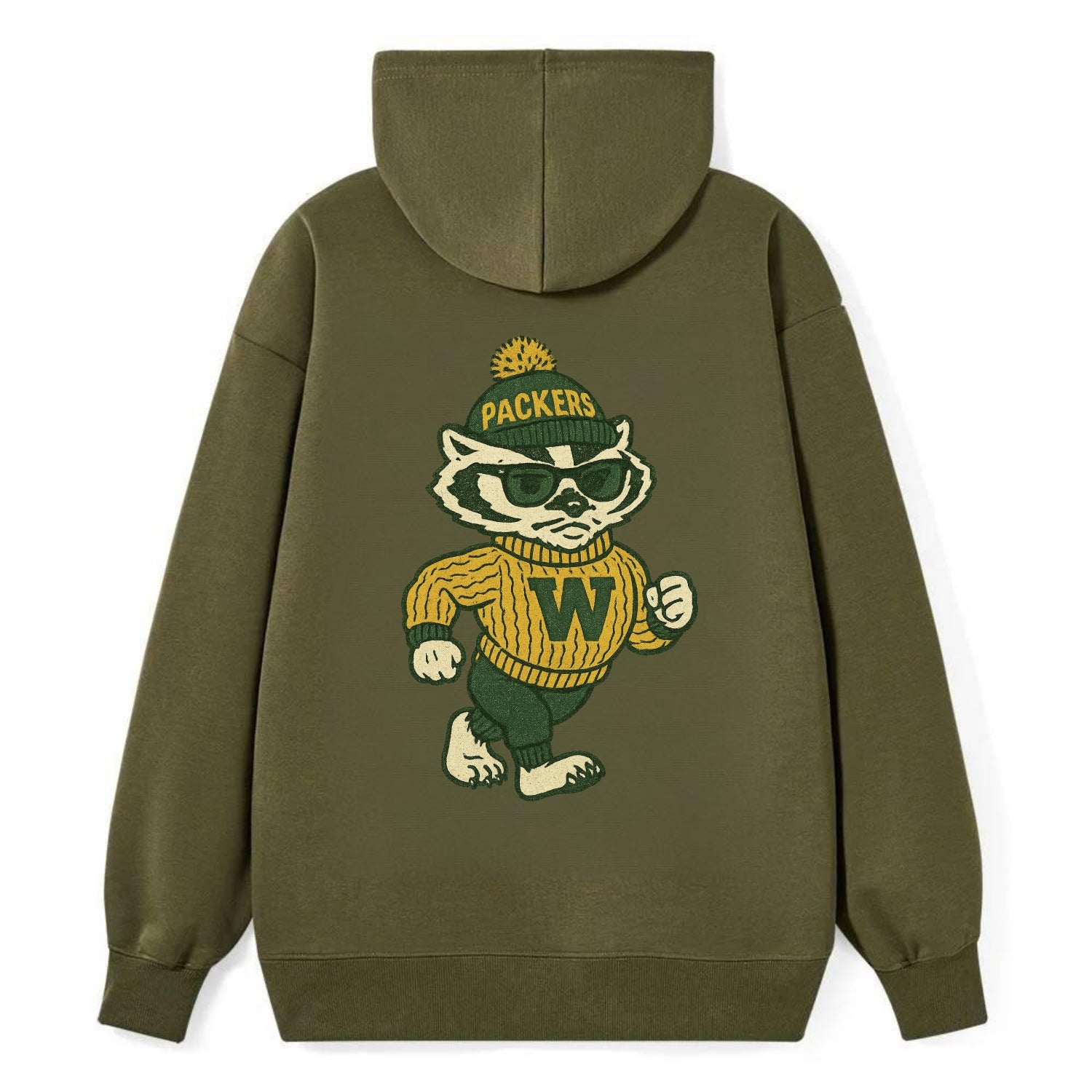 Wisconsin Badger wearing Packers green and gold beanie with pom pom and - Classic Pullover Hoodie - ArmyGreen