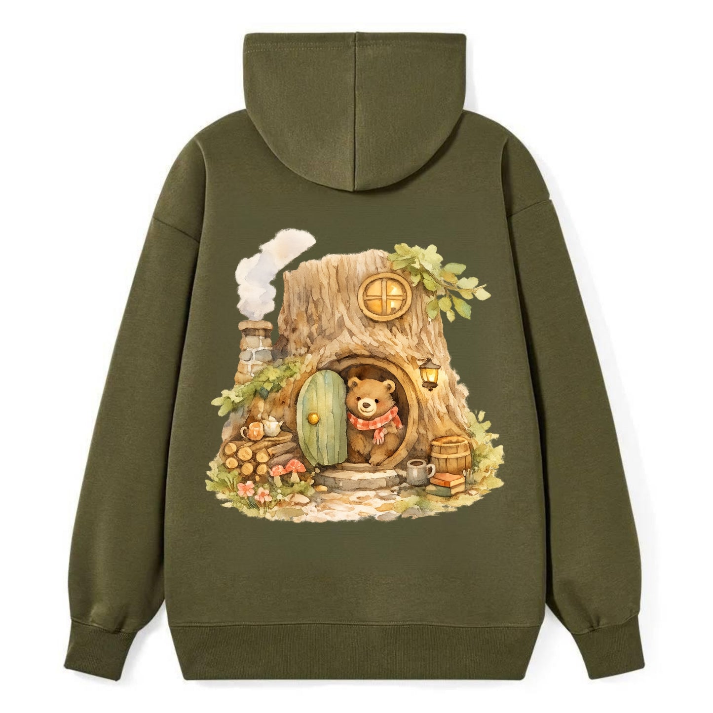 TREE HOME | Bear's home in hollow tree | Round door | Chimney smoke | - Classic Pullover Hoodie - ArmyGreen