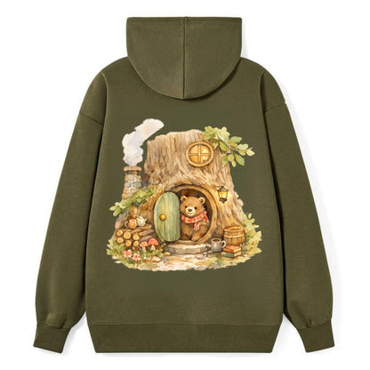 TREE HOME | Bear's home in hollow tree | Round door | Chimney smoke | - Classic Pullover Hoodie - ArmyGreen