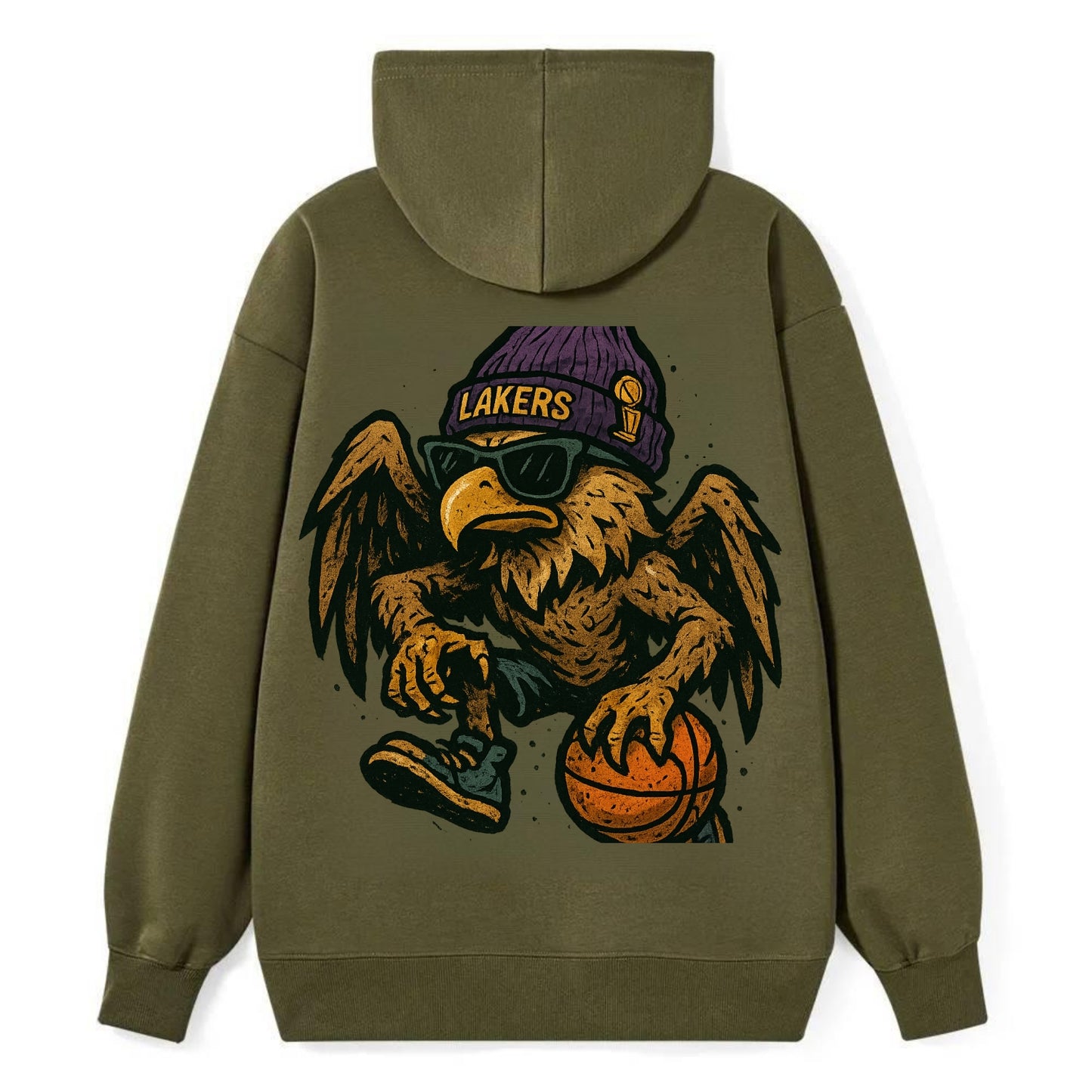 Los Angeles Golden Eagle wearing Lakers beanie with trophy patch and - Classic Pullover Hoodie - ArmyGreen