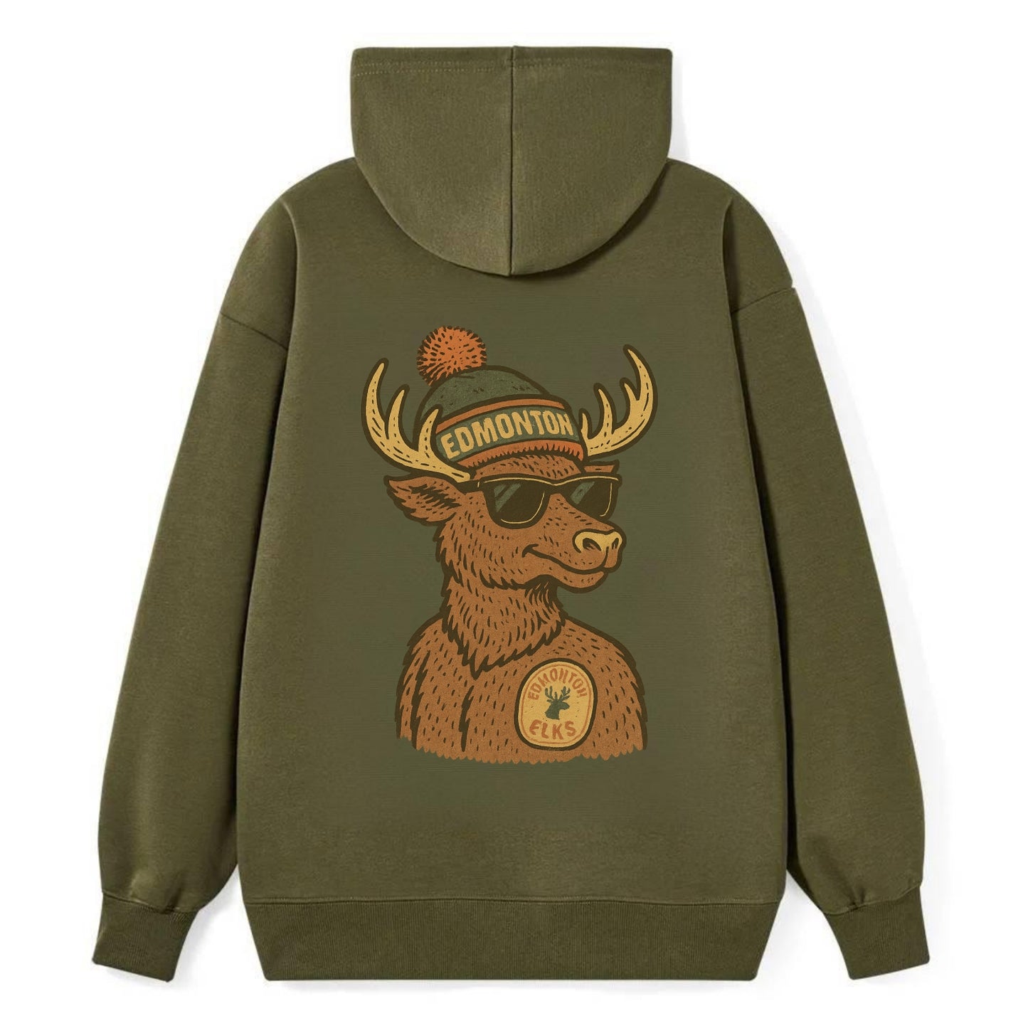 Edmonton Elk wearing Edmonton beanie with pom pom and wayfarer sunglasses - Classic Pullover Hoodie - ArmyGreen