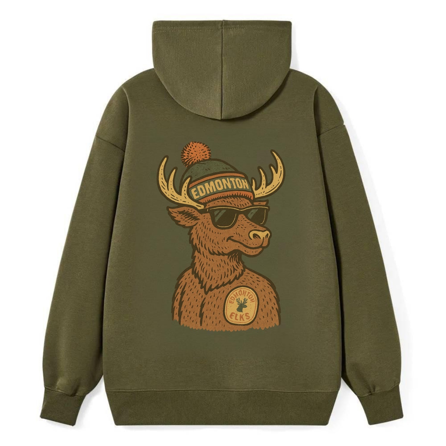 Edmonton Elk wearing Edmonton beanie with pom pom and wayfarer sunglasses - Classic Pullover Hoodie - ArmyGreen