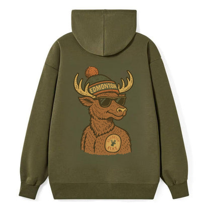 Edmonton Elk wearing Edmonton beanie with pom pom and wayfarer sunglasses - Classic Pullover Hoodie - ArmyGreen