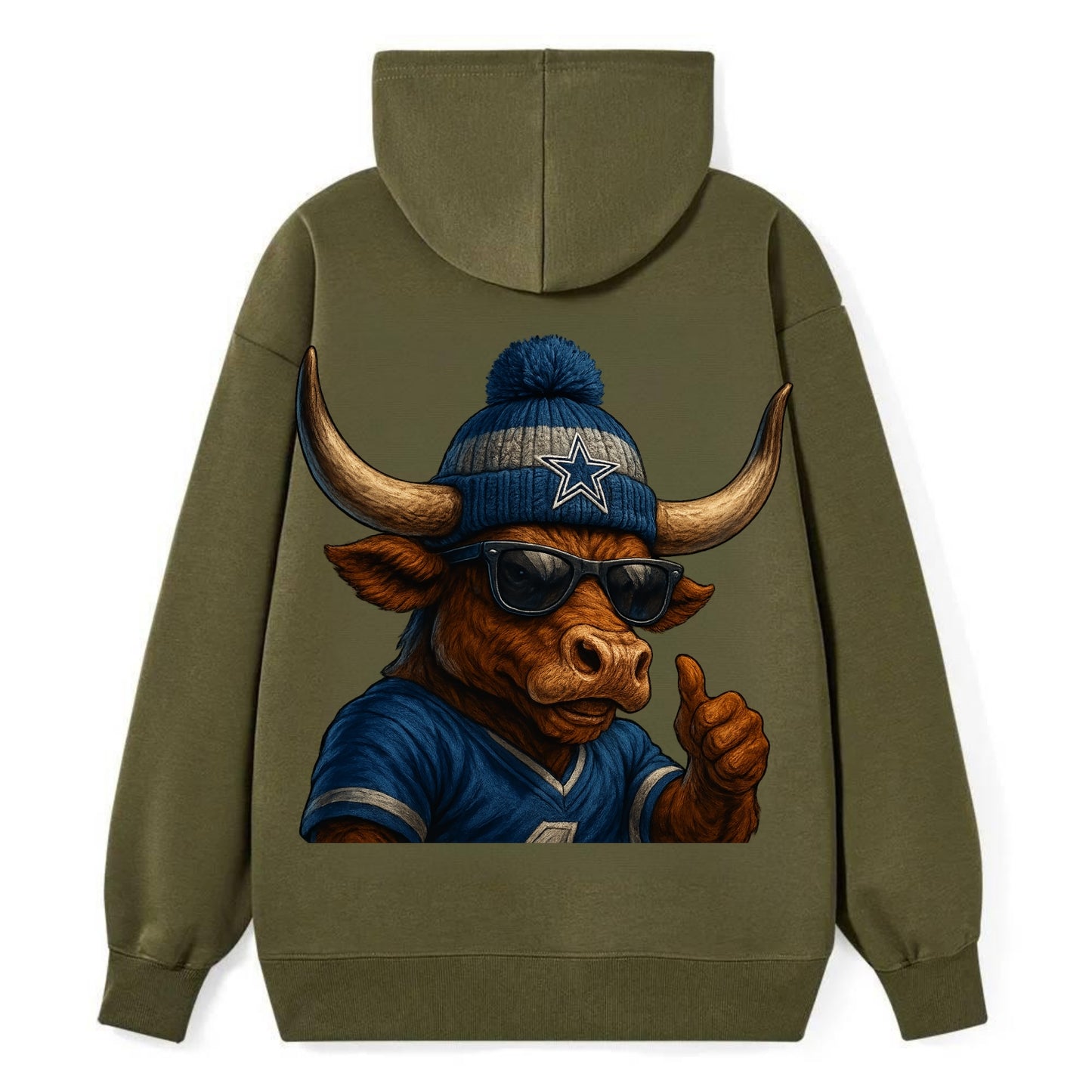 Texas Longhorn wearing Cowboys silver and blue beanie with star and - Classic Pullover Hoodie - ArmyGreen
