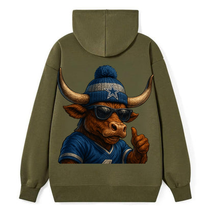 Texas Longhorn wearing Cowboys silver and blue beanie with star and - Classic Pullover Hoodie - ArmyGreen