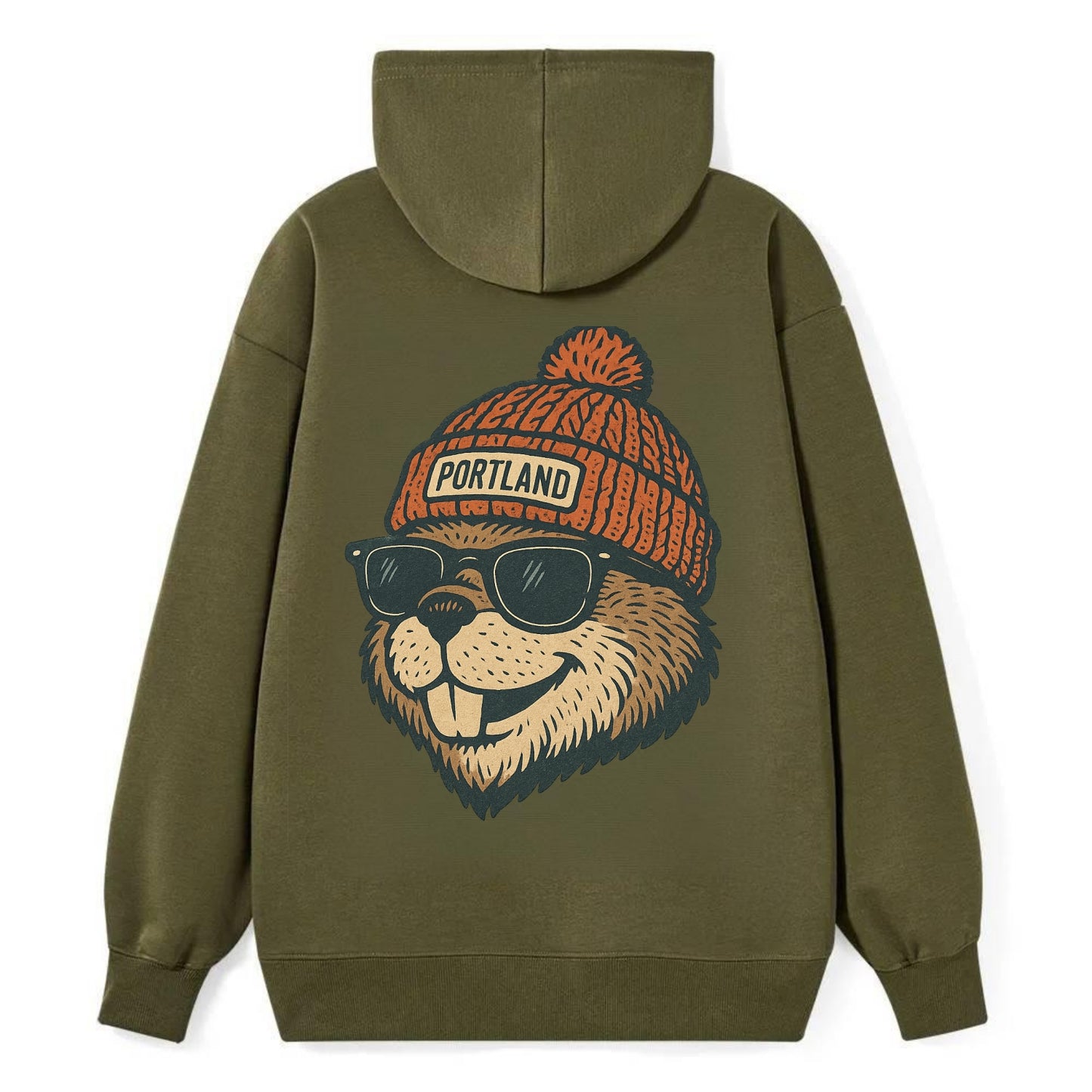 Oregon Beaver wearing Portland beanie with pom pom and wayfarer sunglasses - Classic Pullover Hoodie - ArmyGreen