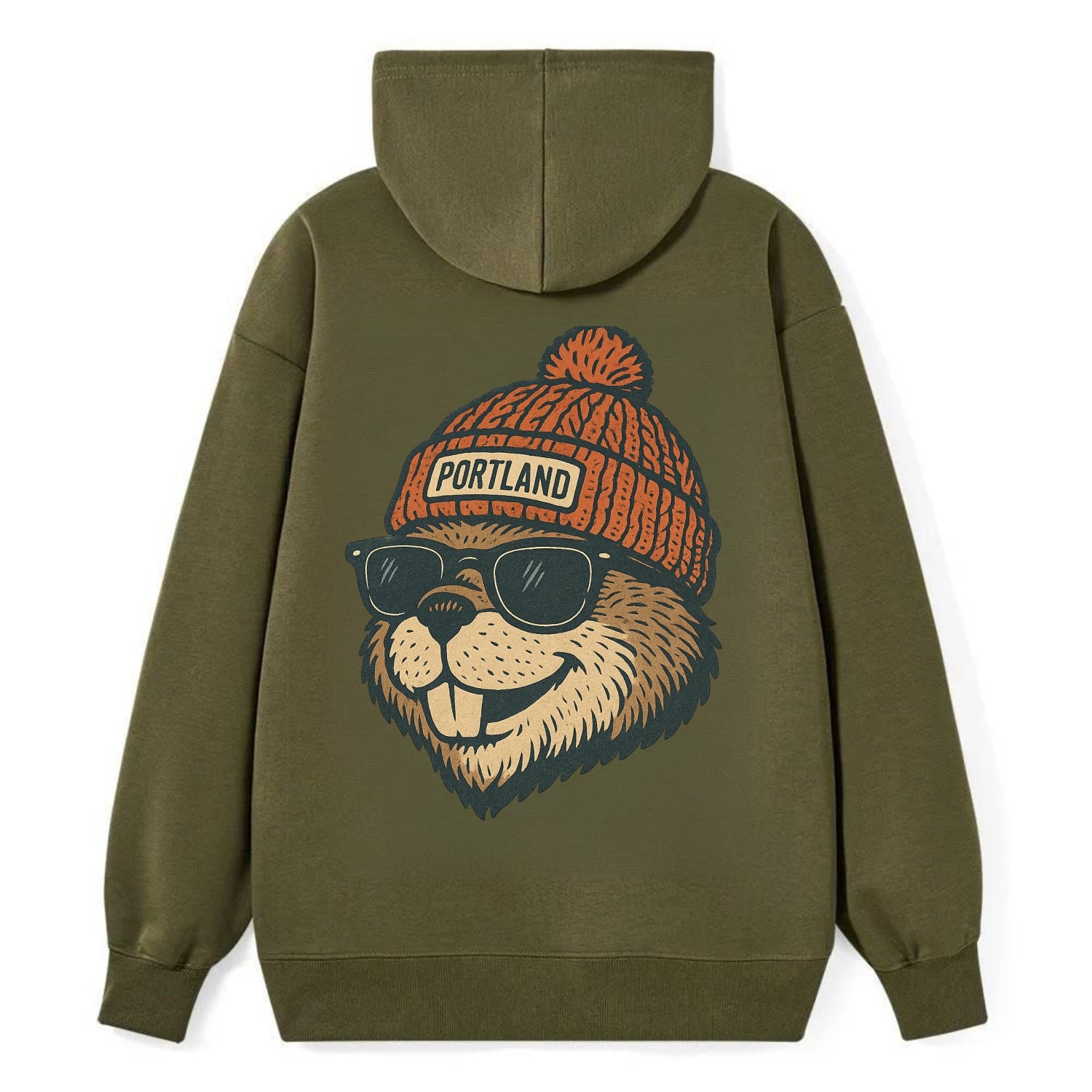 Oregon Beaver wearing Portland beanie with pom pom and wayfarer sunglasses - Classic Pullover Hoodie - ArmyGreen