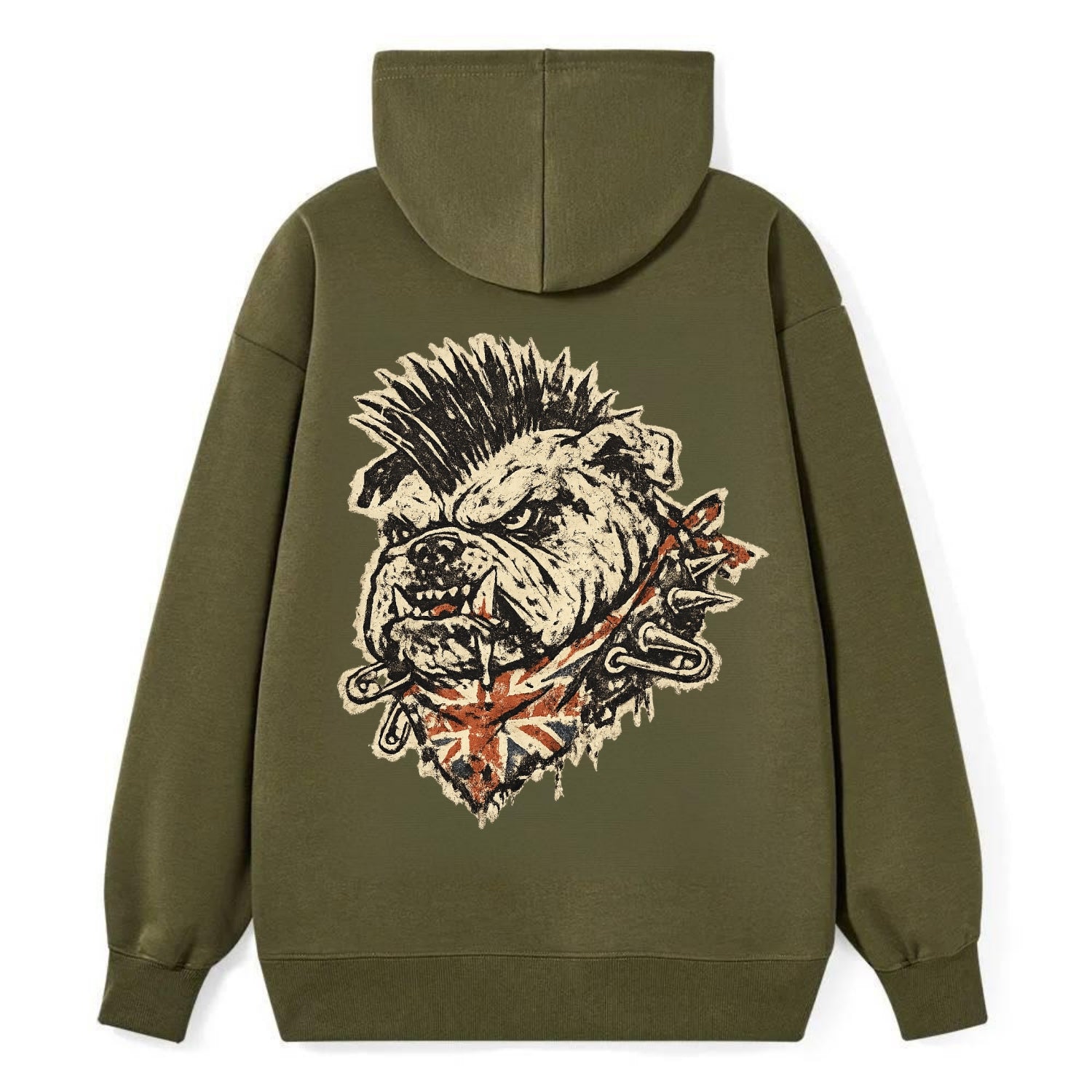 PUNK BULLDOG | British bulldog with mohawk | Safety pins through collar | - Classic Pullover Hoodie - ArmyGreen