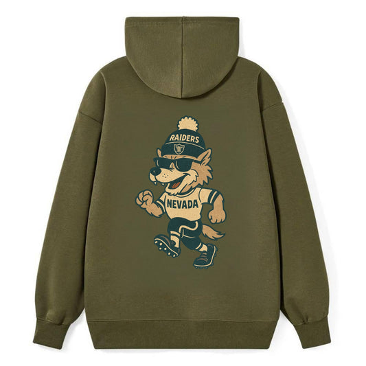 Nevada Wolf wearing Raiders beanie with outlaw patch and wayfarer - Classic Pullover Hoodie - ArmyGreen