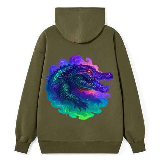 Primordial crocodile with scales pulsing plasma energy in green and - Classic Pullover Hoodie - ArmyGreen