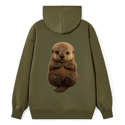 Baby Sea Otter - brown fluffy, floating on back, tiny paws, bright eyes, - Classic Pullover Hoodie - ArmyGreen